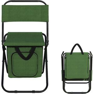 Foldable Chair with Cooler Bag Portable Stool & Storage Tailgating Camping Green